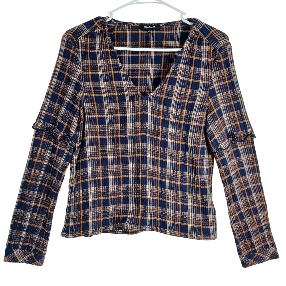 Madewell Womens Small Plaid V-Neck Ruffle Sleeve Blouse Navy Blue Orange Cotton